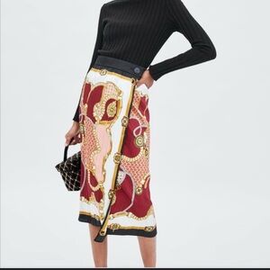 Zara Burgundy and Gold Patterned Midi Skirt